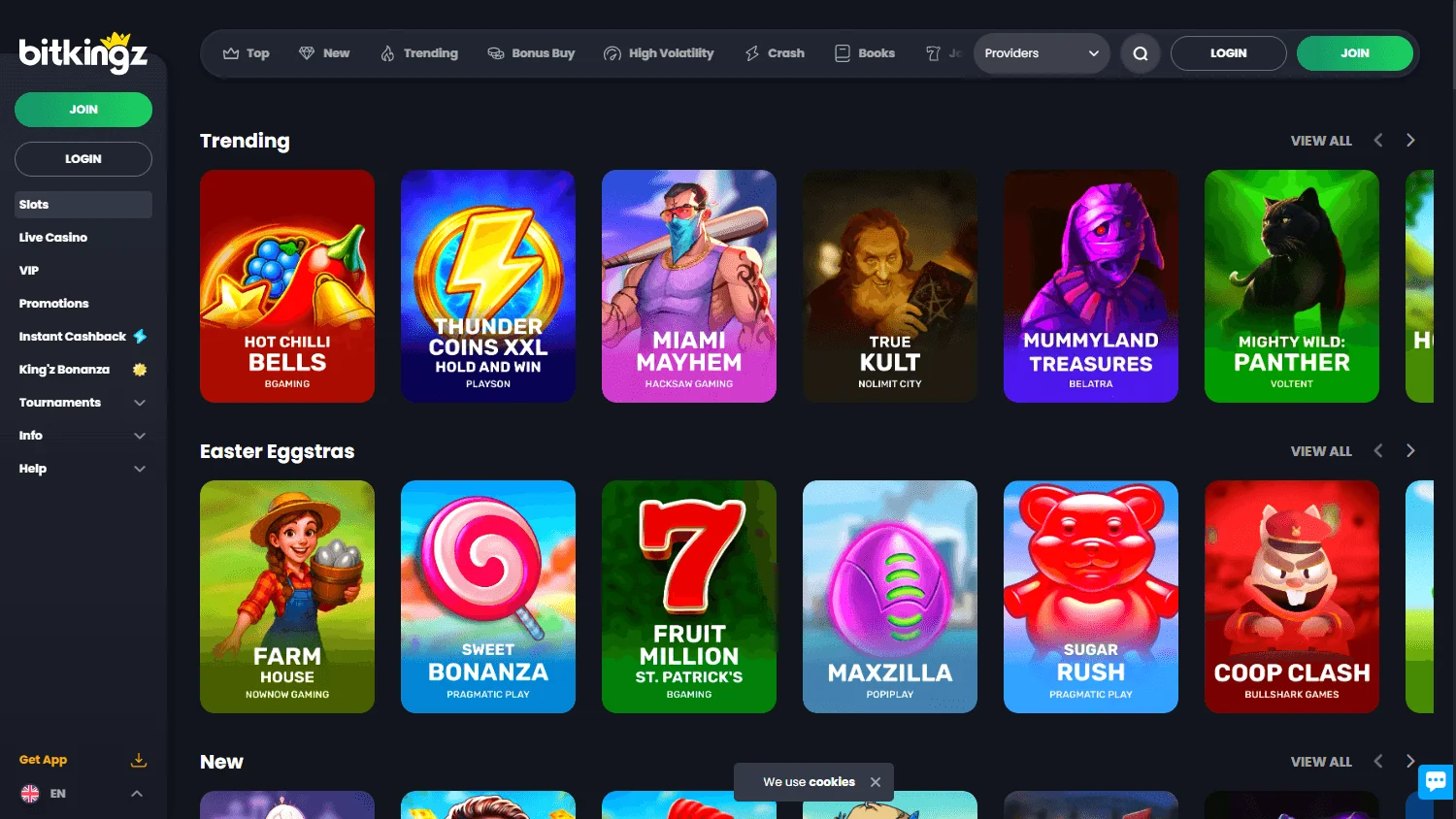 Bitkingz Casino desktop games area with pokies and live casino categories