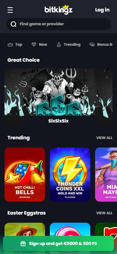 Bitkingz Casino mobile games area with pokies and live casino access