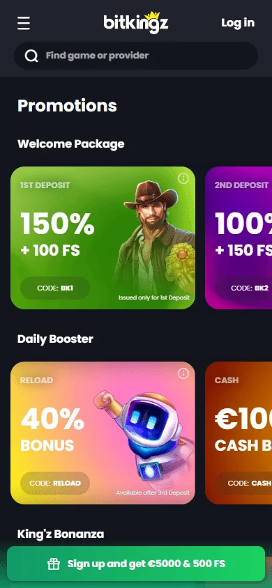 Bitkingz Casino mobile promotions area with casino rewards and cashback