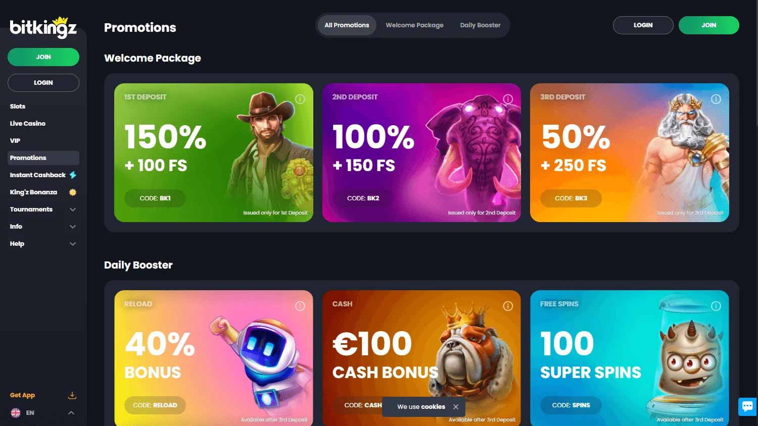 Bitkingz Casino desktop promotions area with deposit rewards and cashback offers