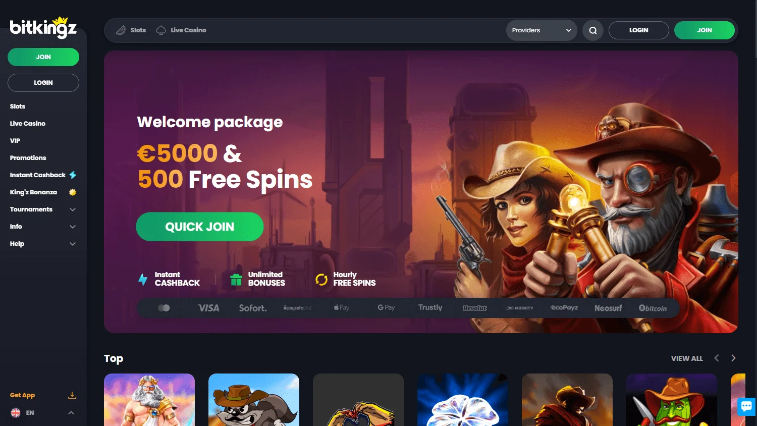 Bitkingz Casino desktop home screen with casino account and promotional access